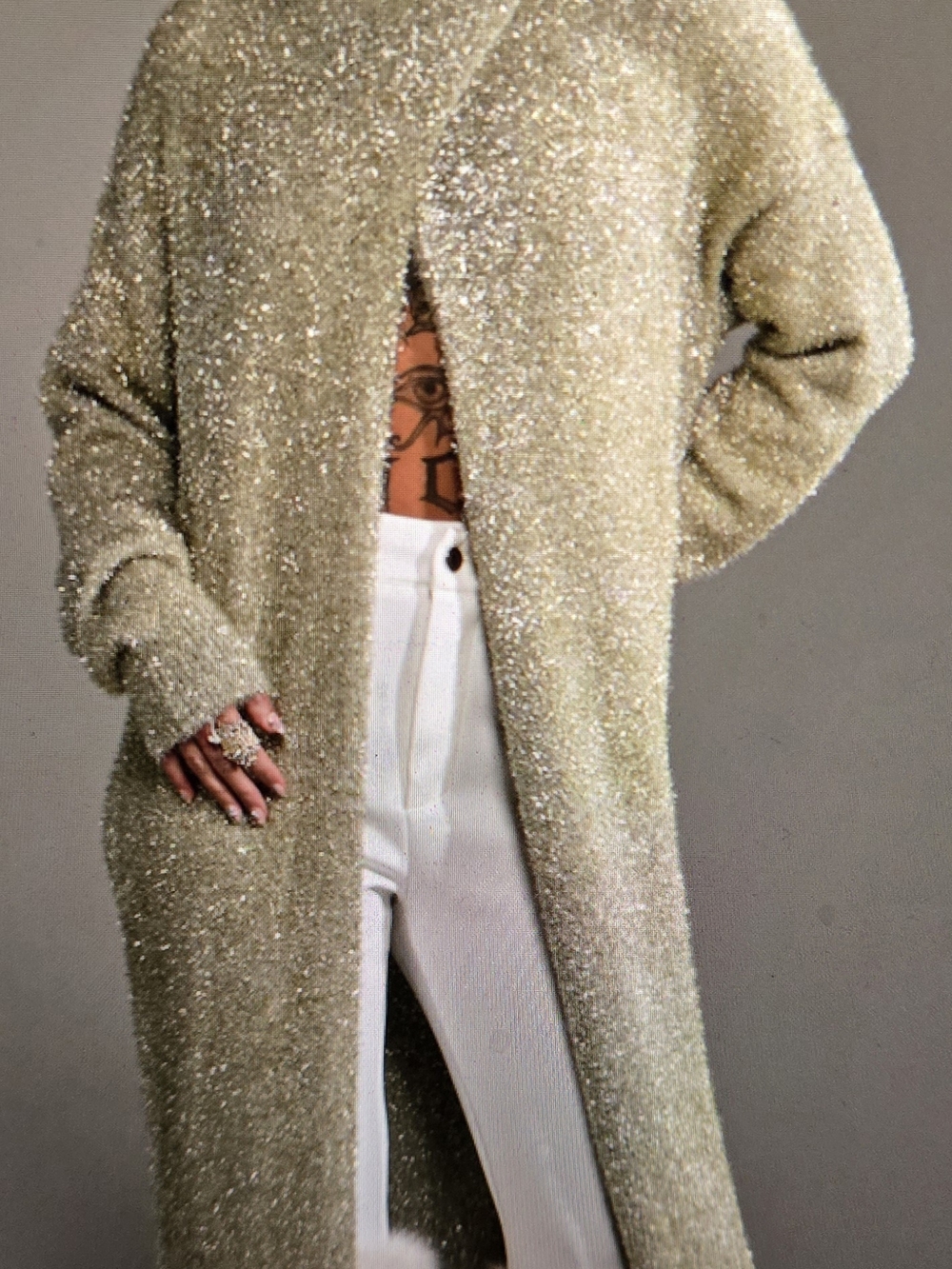 AKIRA Metallic Gold Long Open Cardigan Sweater - Tall Girl Friendly